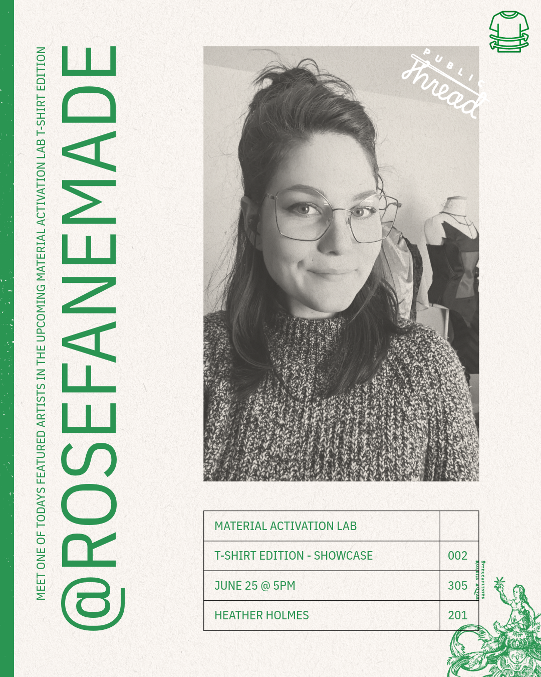 Promotional flyer for a material activation lab event featuring a person with glasses and text about the event.