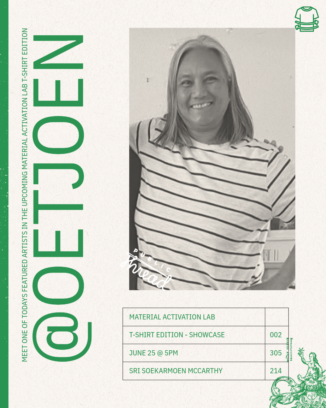Promotional poster for a material activation lab t-shirt edition featuring a woman in a striped shirt.