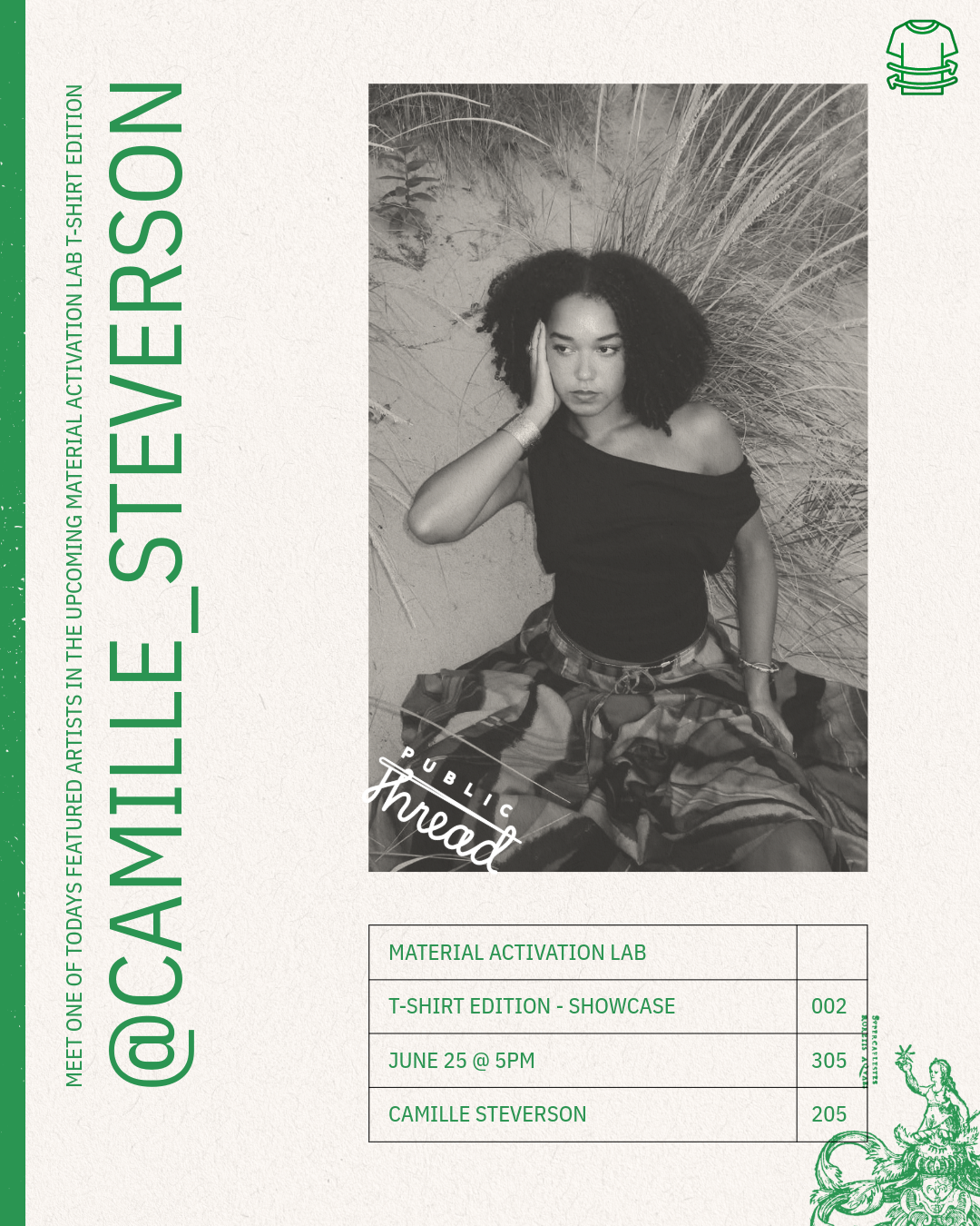 Promotional poster for Camille Stevenson featuring a black and white photo of a woman sitting with text about a material activation lab event.