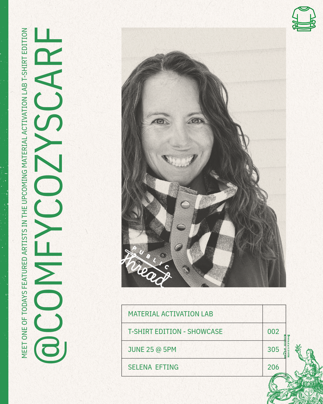 Promotional flyer for a material activation lab event featuring a woman wearing a checkered scarf.