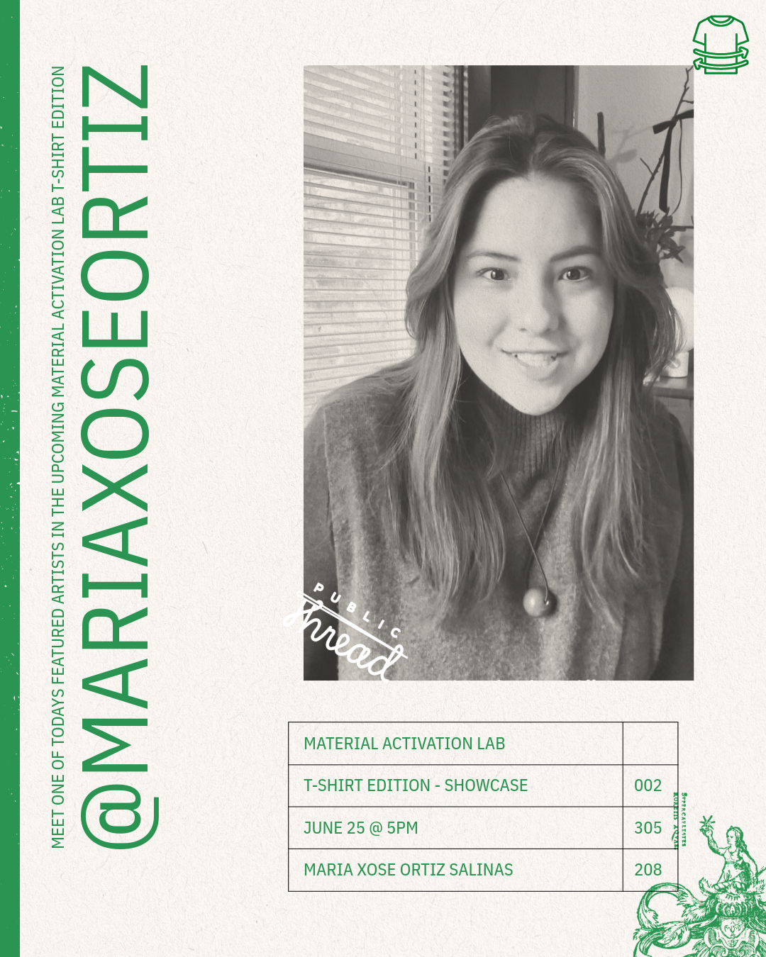 Promotional flyer for Maria Xose Ortiz featuring a black and white photo of a woman with text about an event.