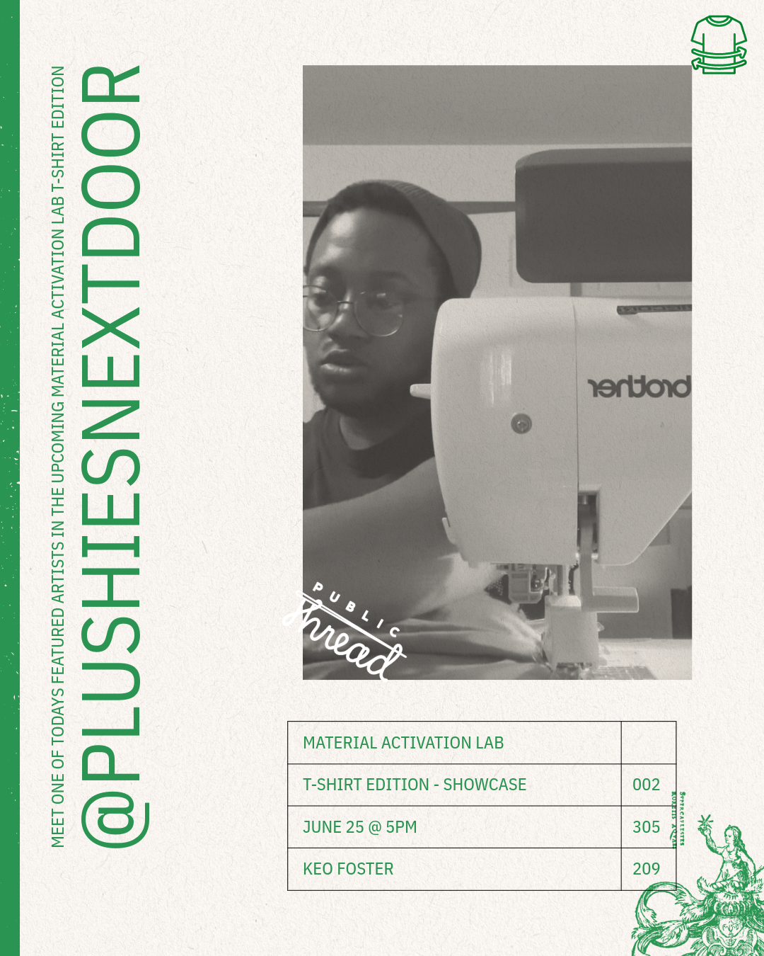 Promotional flyer for a material activation lab event featuring a person with a sewing machine.